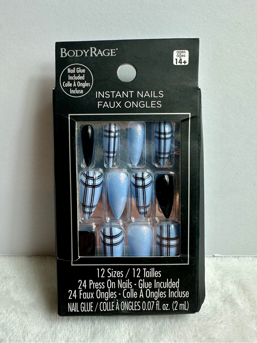 Spencer’s Bodyrage Press on nails Blue Black Plaid Nails 24 pack | 12 sizes NEW